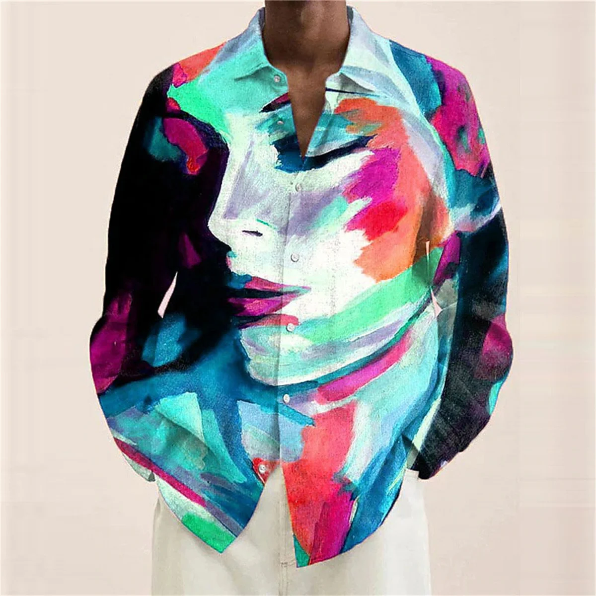 

Ladies portrait pattern men's shirt abstract lapel 3D printing outdoor street long sleeved button up clothing painting color