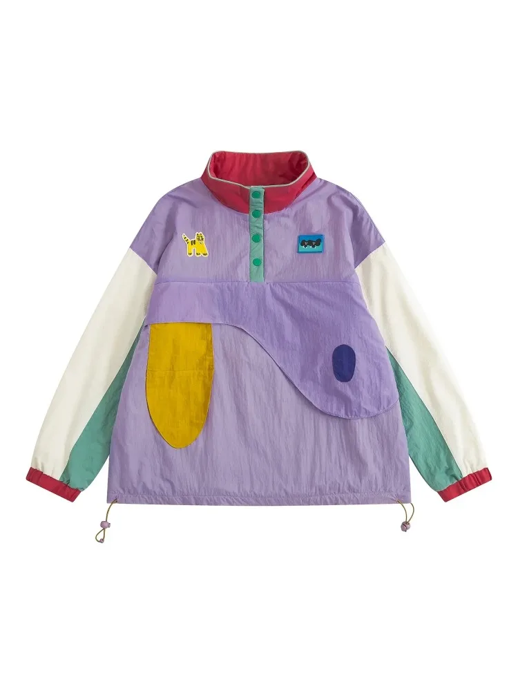 Winter Jacket Women Pullover Color Block Stand Collar Cartoon Patch Wool Liner Coat