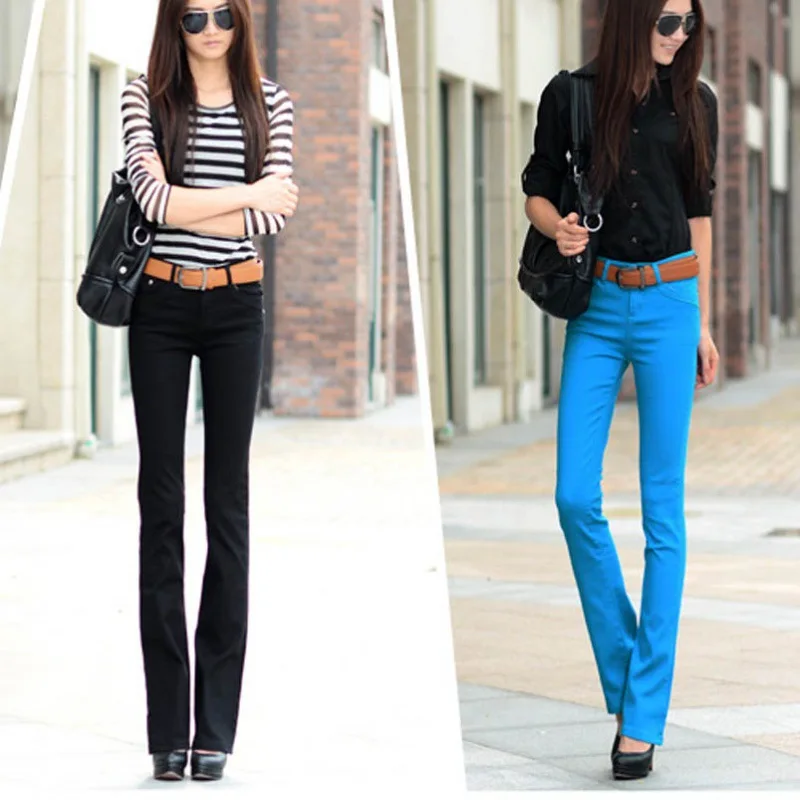 Hot Sale Women Low Waist Stretch Summer Skinny Flare Denim Jeans Slimming Fit Elastic Straight Candy Color Solid Color XS S 3XL