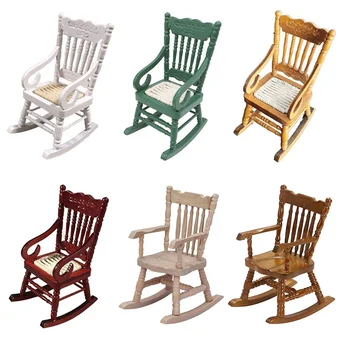 1/12 Dollhouse Miniature Rocking Chair Wooden Stool Armchair Modle Toys Furniture Pretend Play Doll House Decor Accessories 1