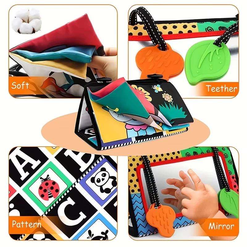 Newborn Tummy Time Mirror Toys 6 12 Months Brain Developmental Baby Mirror Cloth Book High Contrast Black and White Sensory Toys 3