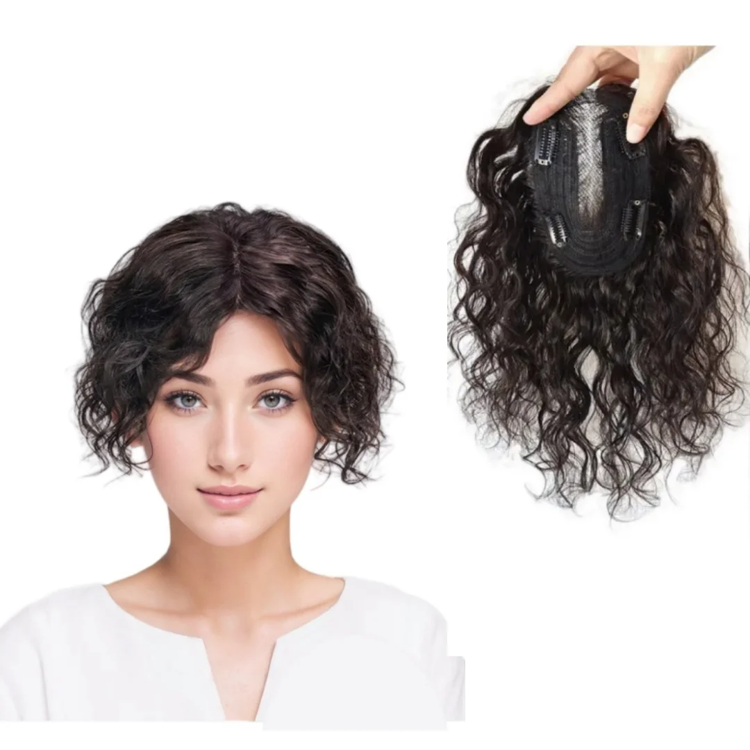 Toppers de cheveux humains en dentelle suisse, cheveux bouclés pour femmes, sans frange, Patch naturel moelleux, ajouter du Volume des cheveux