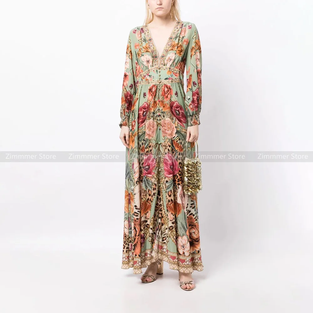 

2024 Spring light luxury retro floral senior sense of Slim waist thin temperament celebrity V-neck dress women