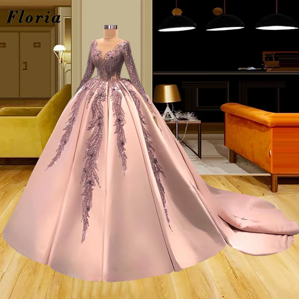 

Floria Princess Ball Gown Evening Gowns Muslim Long Sleeves Beading Prom Dresses Couture Women Party Gowns Vestidos De Fiesta