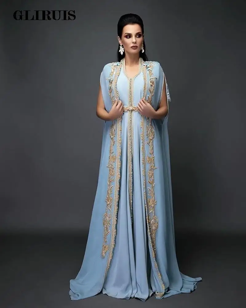 

Light Sky Blue Chiffon Evening Dresses Long Sleeve Moroccan Caftan With Gold Embroidery Islamic Dubai Saudi Arabic Prom Dress Ab