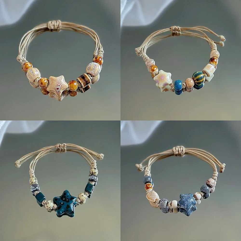China Ethnic Retro Jingdezhen Ceramic Star Round Bead Rope Chain Bracelet for Women Friendship Charm Jewelry Accessories Gifts