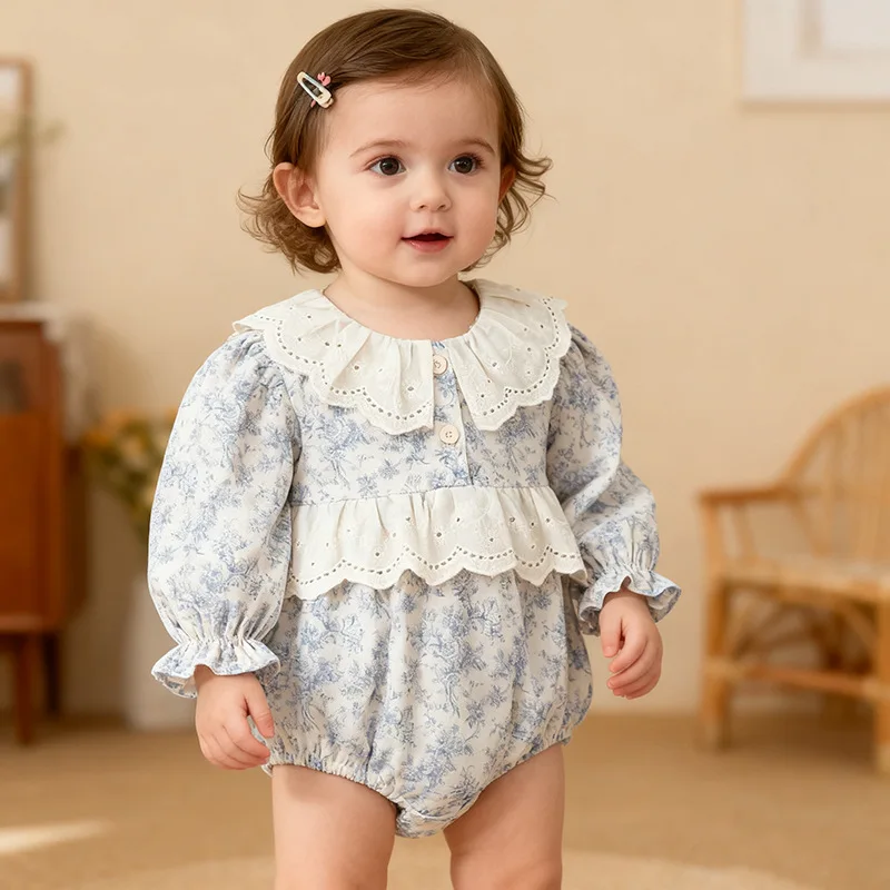 Spring Baby Rompers Spring Baby Romper Blue Floral Print Lace Trim Ruffled Collar Puff ...