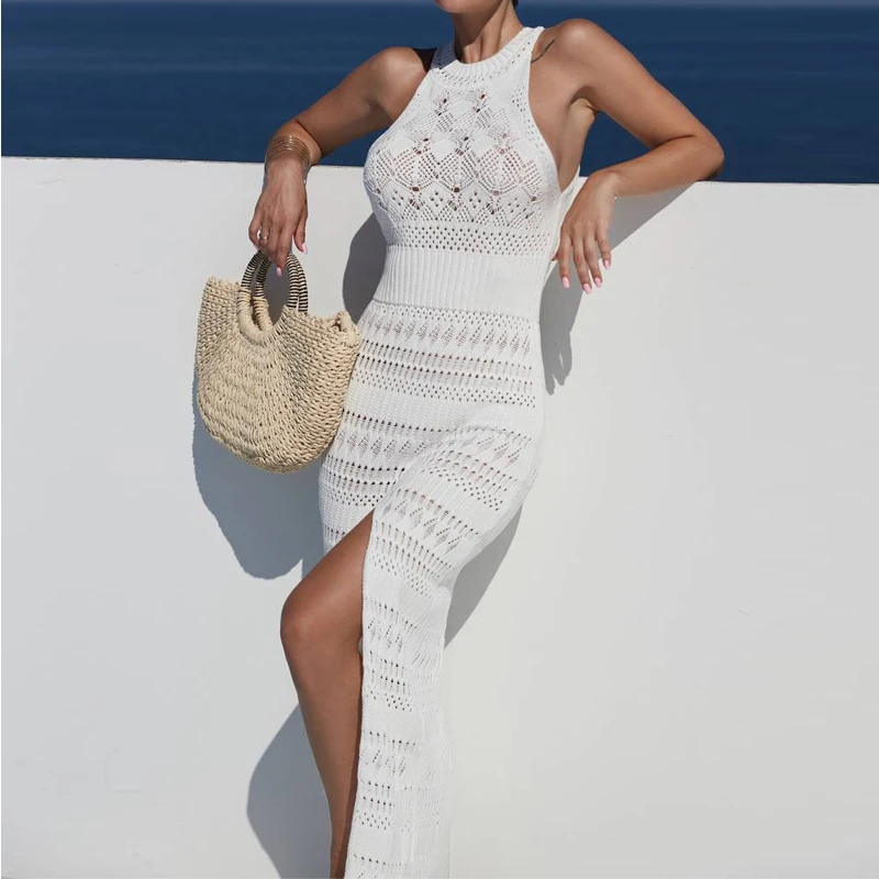 Fashion Style Knitting Texture Beachwear Cover Up Elegant Side Slit Beach Dress Summer Holiday Hollow Out Bikini Cover-Up 1