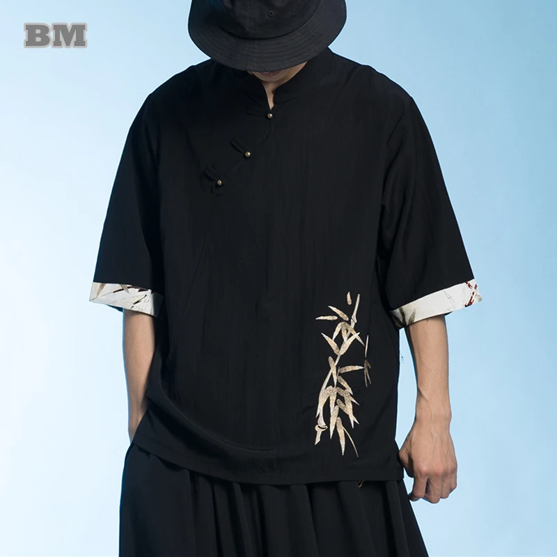 

Chinese Traditional Dress Stand Collar T Shirt Men Clothing High Quality Bamboo Embroidery Plus Size Short Sleeve Vintage Tops