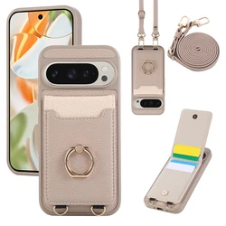 Premium Crossbody Leather Phone Case with Ring Bracket, Card Holder, and Lanyard Strap - Google Pixel 9Pro XL (Beige)