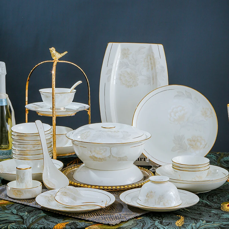 

Chinese-style ceramic bowls, plates, bone China, Jingdezhen tableware set, exquisite, high-end housewarming, high-end household