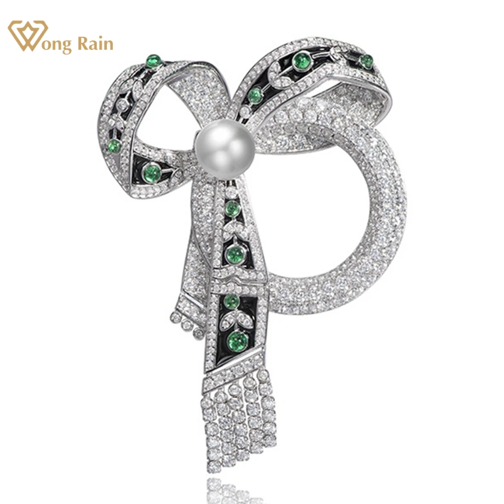 

Wong Rain Vintage 925 Sterling Sliver Natural Pearl Emerald High Carbon Diamond Gems Bowknot Brooch Brooches Jewelry For Women