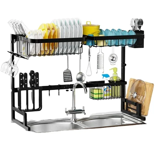 Over The Sink Dish Drying 2-Tier Adjustable Length Large Dish Drying Rack Kitchen For Counter Organizer Saver