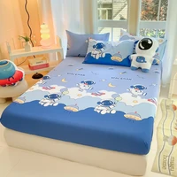Cartoon Astronaut Printed Fitted Sheet Set with Elastic Band Soft Cotton Mattress Cover Anti-slip Bed Covers 3Pcs Bedding Set 2