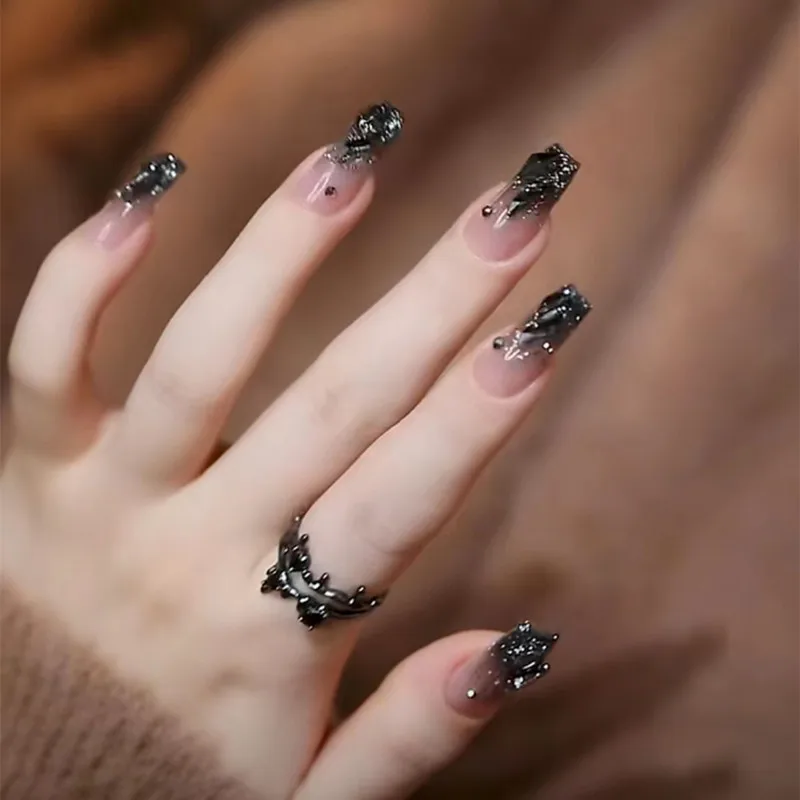 24pcs Glitter Black Rhinestones Fake Nails Shiny Crystal Artificial Nail  Tips for Women Girl Full Cover Wearable False Nail Tips - AliExpress