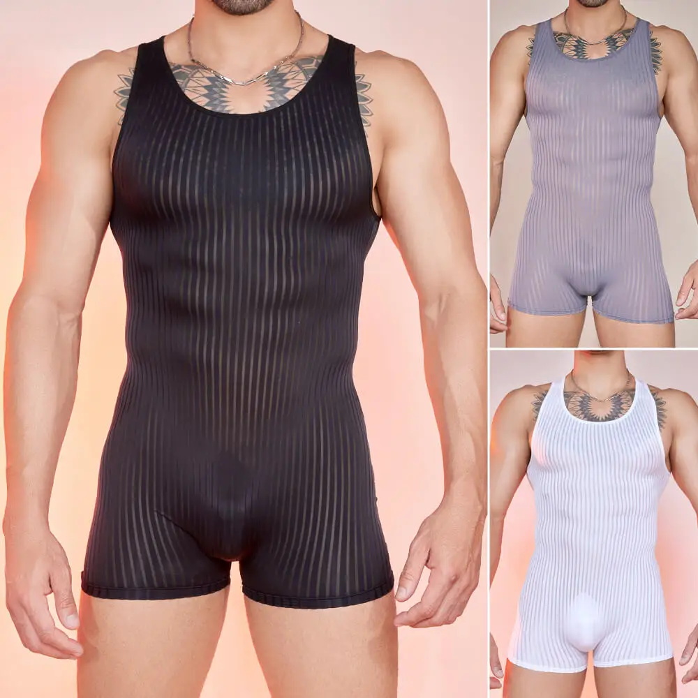 Men's Vertical Stripe Bodysuit Light Breathable Comfortable Fit Striped Jumpsuit Super Elastic Leotard For Sports And Fitness