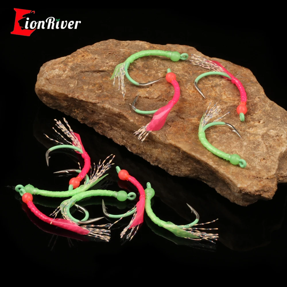 Lionriver 10 Pz 3 # - 2/0 Beadhead Luminoso Worm Mosche Con Glow Wacky Ganci Sea Sabiki Rig Luccio Persico Sgombro Richiamo Di Pesca Esca