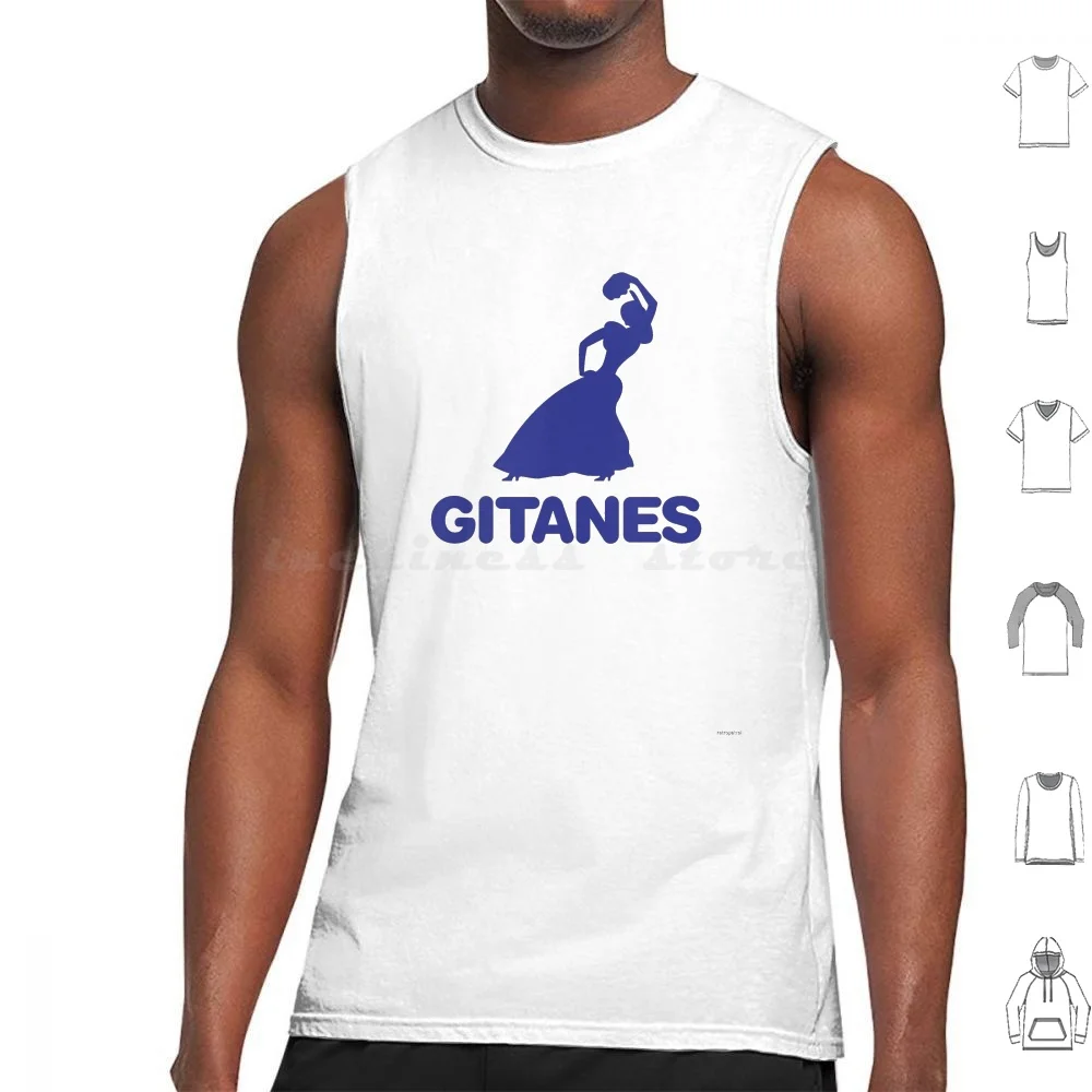1970'S Vintage Gitanes Gypsy Dancer Emblem-Ligier-Gainsbourg-Blue Print Canotte Gilet Senza Maniche Ligier Gitanes Ligier