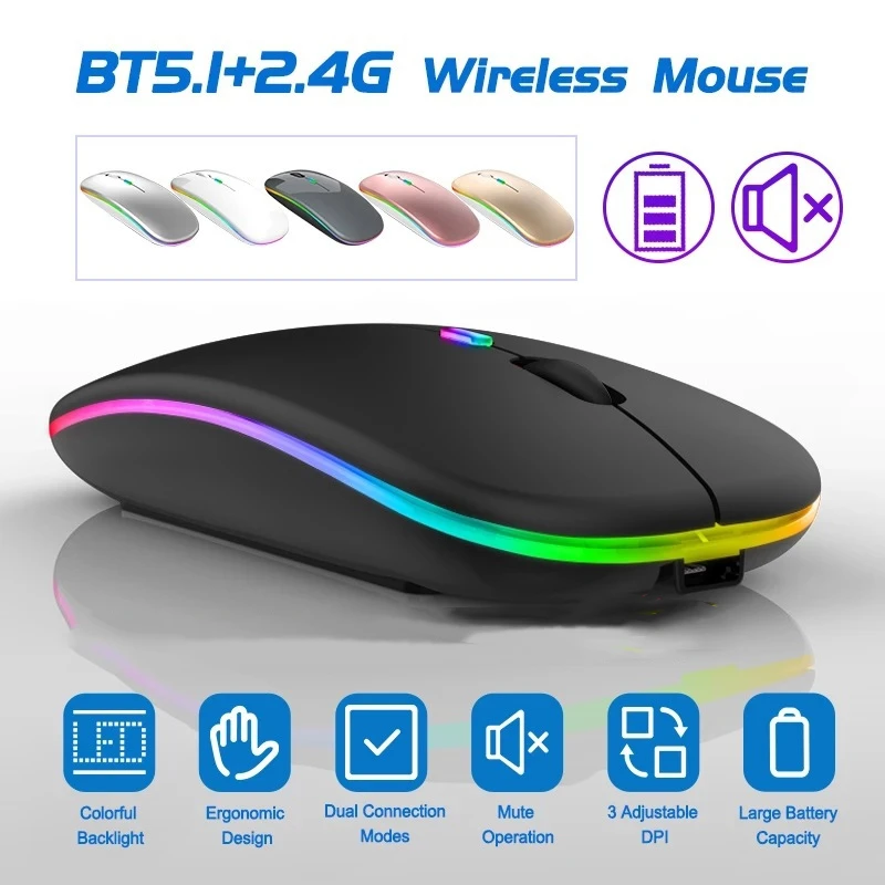 Wireless 2.4G+Bluetooth Rechargeable RGB Silent Mouse LED Backlight Ergonomic Gaming Mouse for Laptop Gaming Phone
