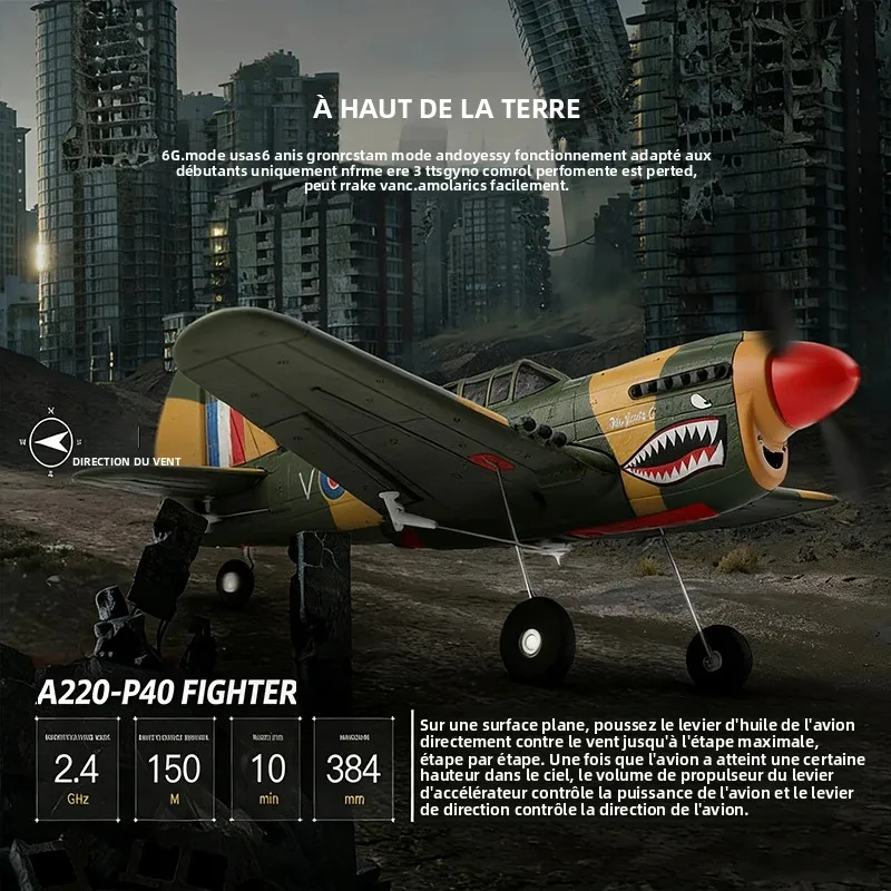 Avion RC WLtoys A220-P40 RTF en vol, ciel bleu, parfait pour débutant.