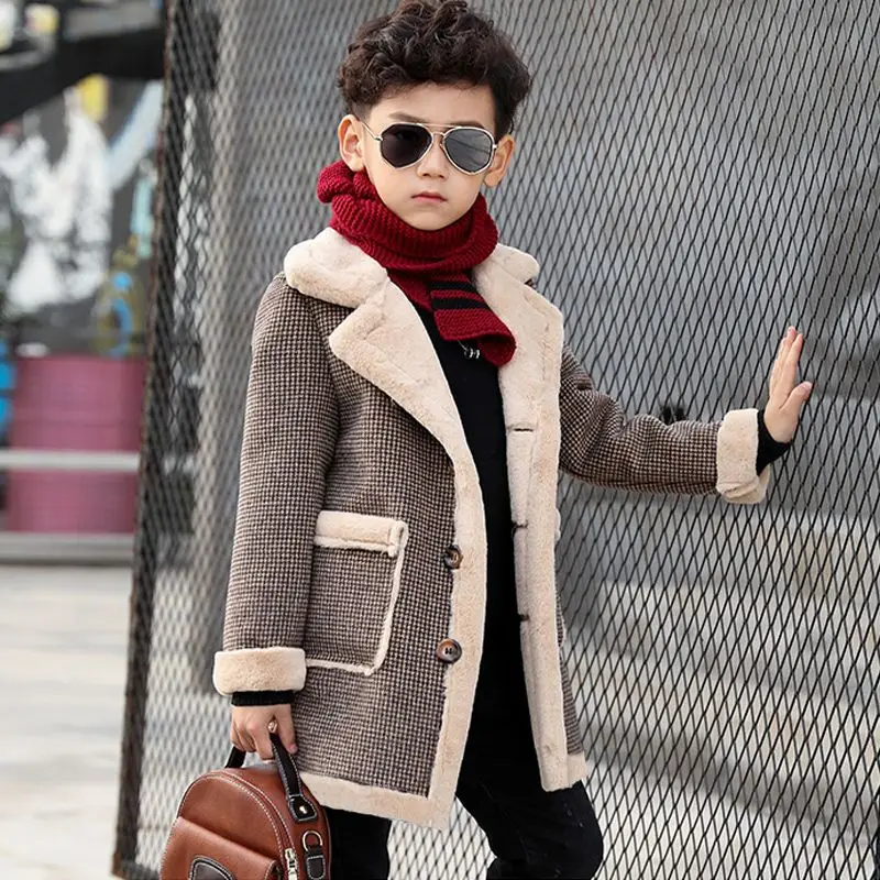 New Autumn Winter Boys Fashion Woolen Plus Velvet Thickened Children's Coats Kids Handsome Jackets Warm Casual Outerwear