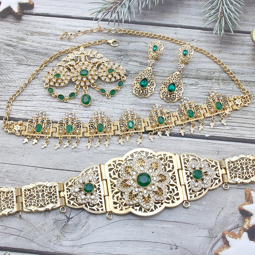 Sunspicems Chic Morocco Bride Jewelry Sets Gold Color Arabic Caftan Belt Brooch Earring Hairchain Wedding Bijoux bridal jewelry sets crystal jewelry sets hair chain jewelry