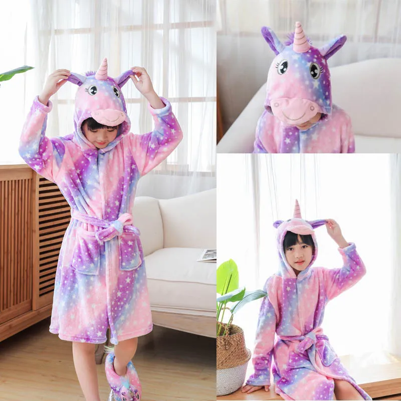 Boys and Girls Hooded Animal Cartoon Bathrobe Unicorn Kigurumi Pajamas for Girls Kids Kimono Winter Children Pajama Nightwear