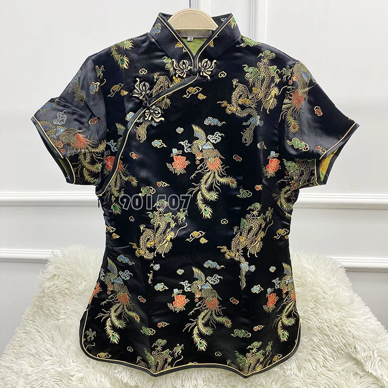 새로운 자카드 꽃 당나라 의류 여성 패션 Qipao 탑 빈티지 개선 Cheongsam 새틴 셔츠 탑 버튼 다운 착용 Plussize