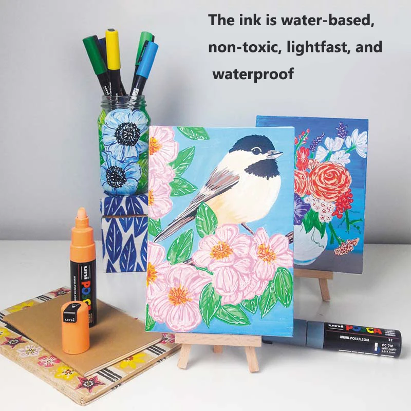 Uni Posca 페인트 마커 펜 풀 세트 PC-1M PC-3M PC-5M POP 포스터 컬러 수성 안료 잉크 (원래 비닐 펜 케이스 포함)