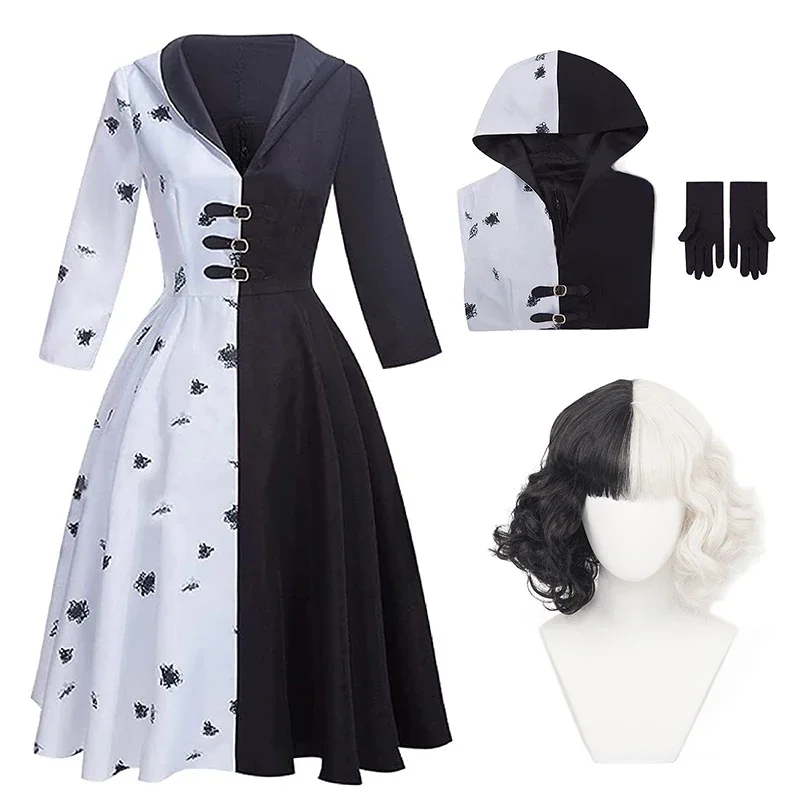 

Cruella De Vil Costume Women Kids Cruella Cosplay Costumes Black White Hoodie Dress Free Gloves Wig Suit Halloween Party Clothes