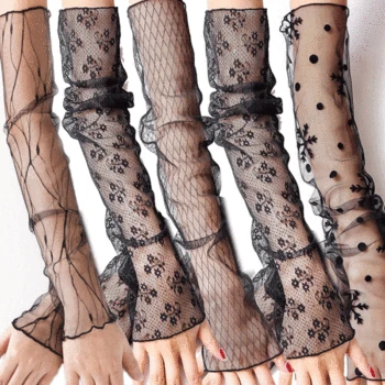 여성용 탄성 긴 핑거리스 아이스 실크 레이스 장갑 1 쌍, 여름 선 스크린 레이스 장갑