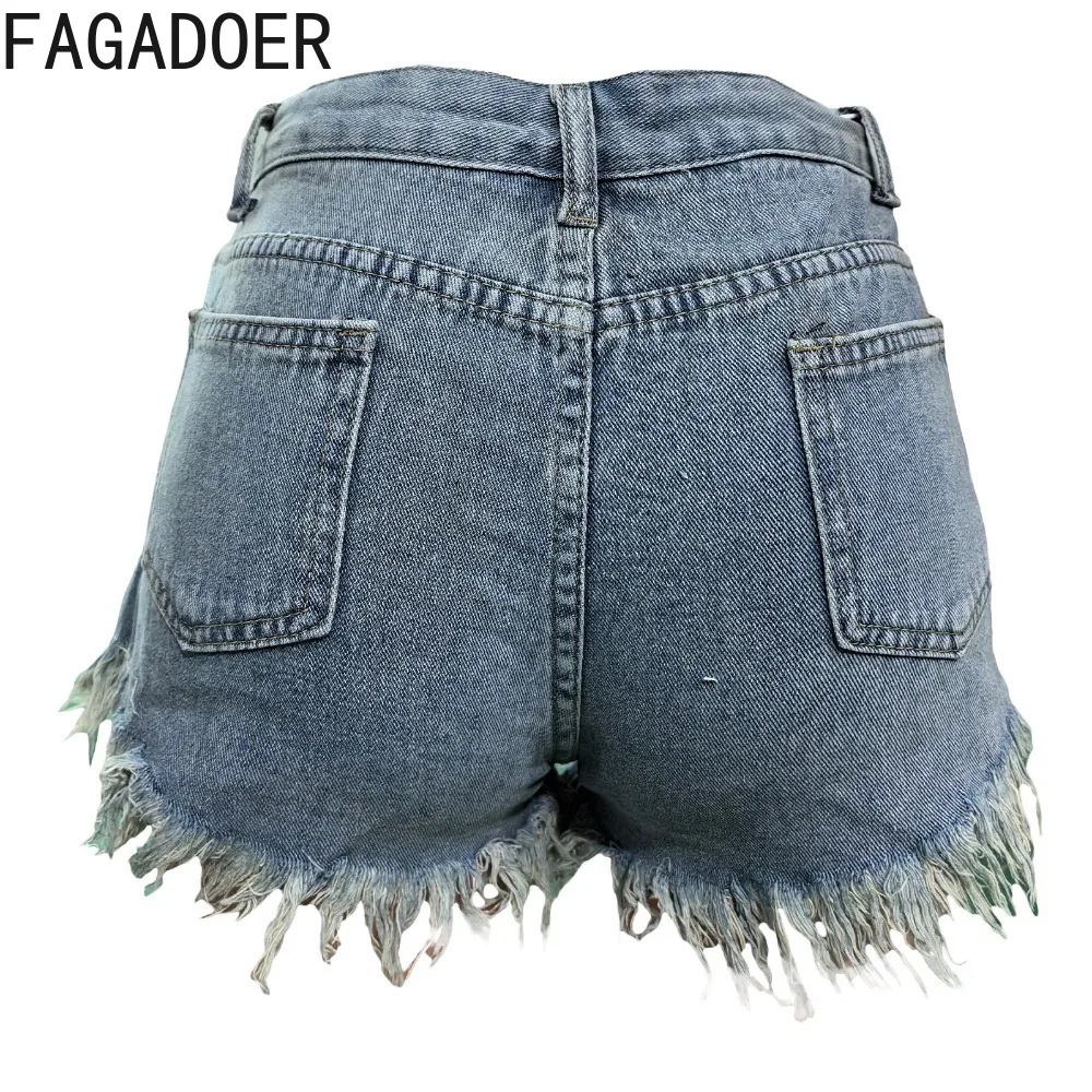 FAGADOER Dark Blue Summer New Denim Hole Tassels Shorts Women High Waisted Button Pocket Jean Fashion Matching Cowboy Bottoms