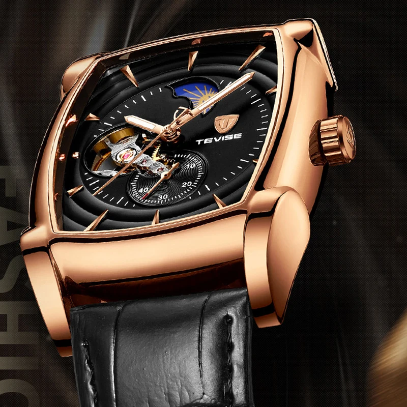 Top Brand Luxury Mens Watches Tonneau Automatic Watch for Men Tourbillon Clock Genuine Leather Waterproof Mechanical Watch Man