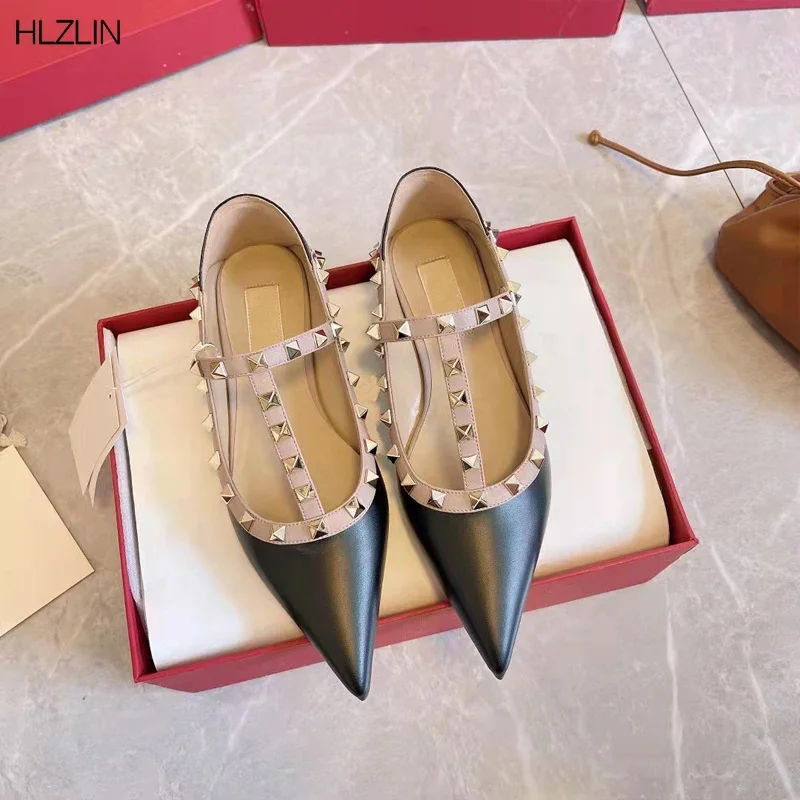 

2024 new women's shoes leather women's flat shoes pointed toe rivet sandals ankle strap dress elegant flat shoes