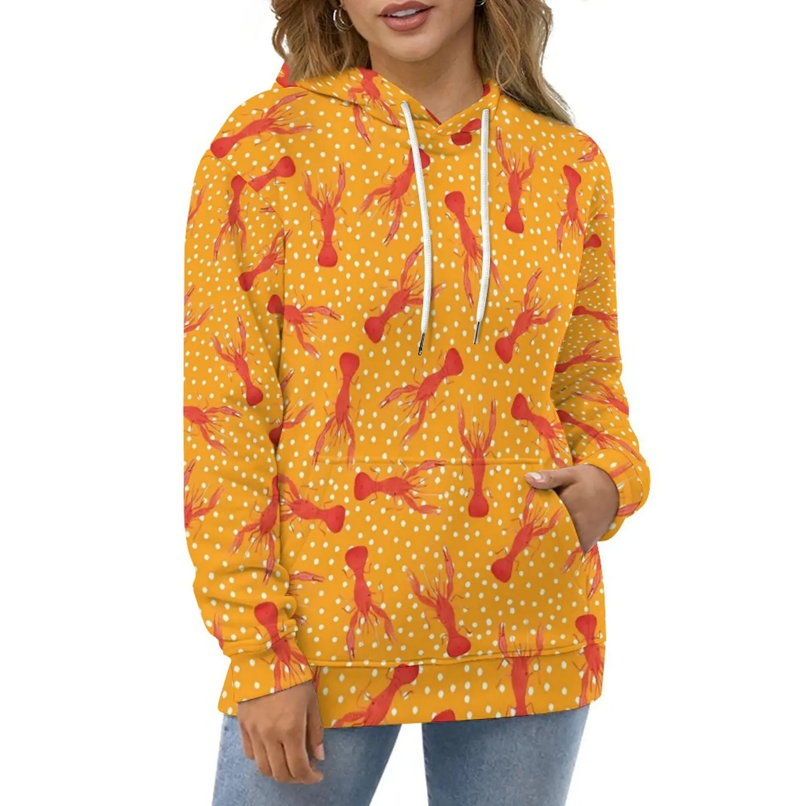 

Red Lobsters Casual Hoodies White Polka Dots Cute Graphic Loose Hoodie Autumn Long Sleeve Street Fashion Oversized Tops