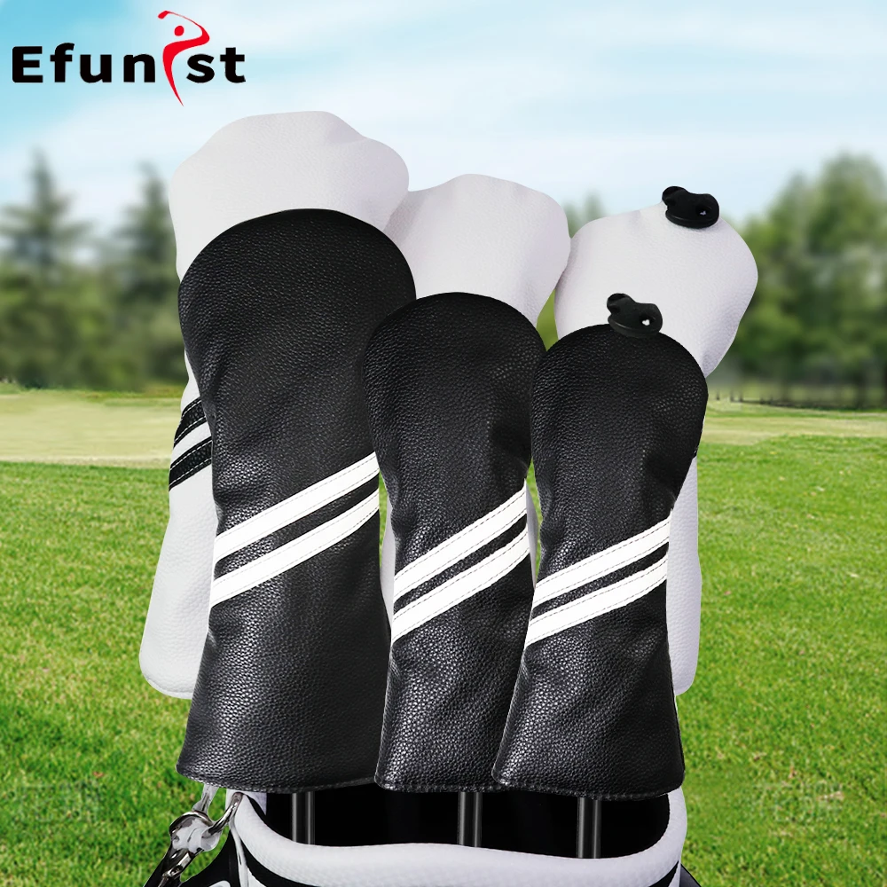 Golf Headcover For Driver Fairway Hybrid Waterproof Protector Wood Covers Striped Style PU Leather Soft Durable Golf Club Covers