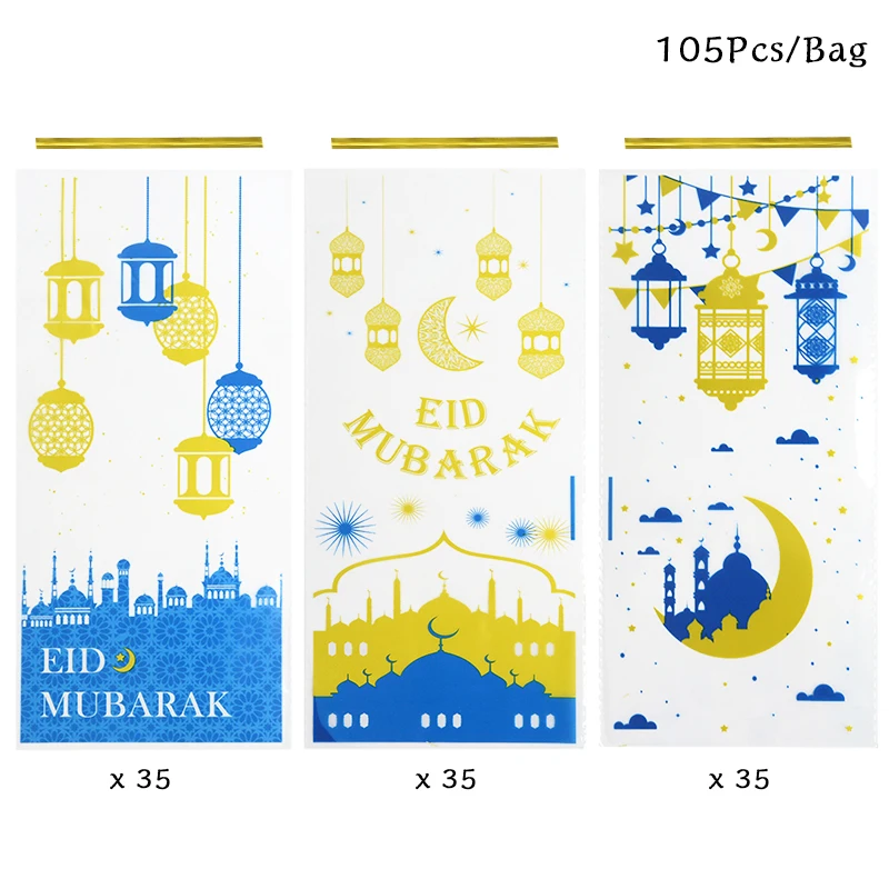 

105pcs Eid Mubarak Plastic Transparent Candy Bags Cookie Gift Packing Bag Ramadan Kareem Islamic Muslim Party Supplies Eid Gifts