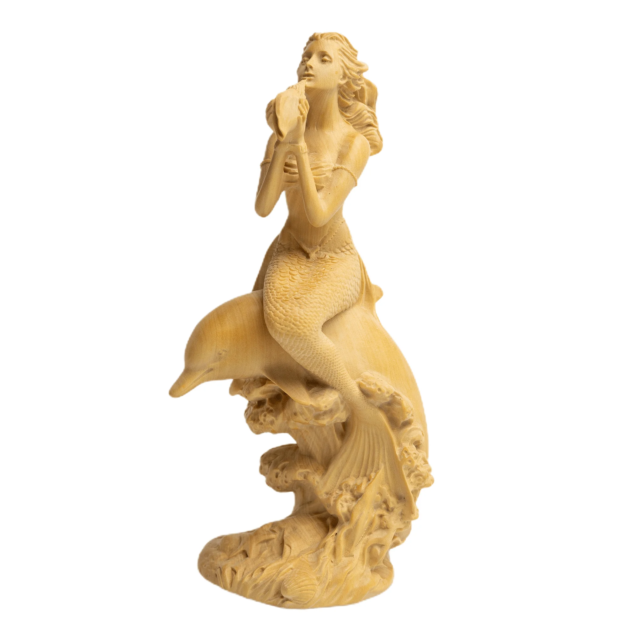 

Hand-Carved Wooden Mermaid Sculpture, Elegant Dolphin Ride, Conch Melody