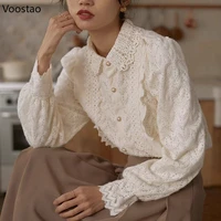 Vintage Elegant Lace Shirt Spring Autumn Women Sweet Long Sleeve Pearl Button Embroidery Blouses Office Lady Chic Ruffles Tops 5
