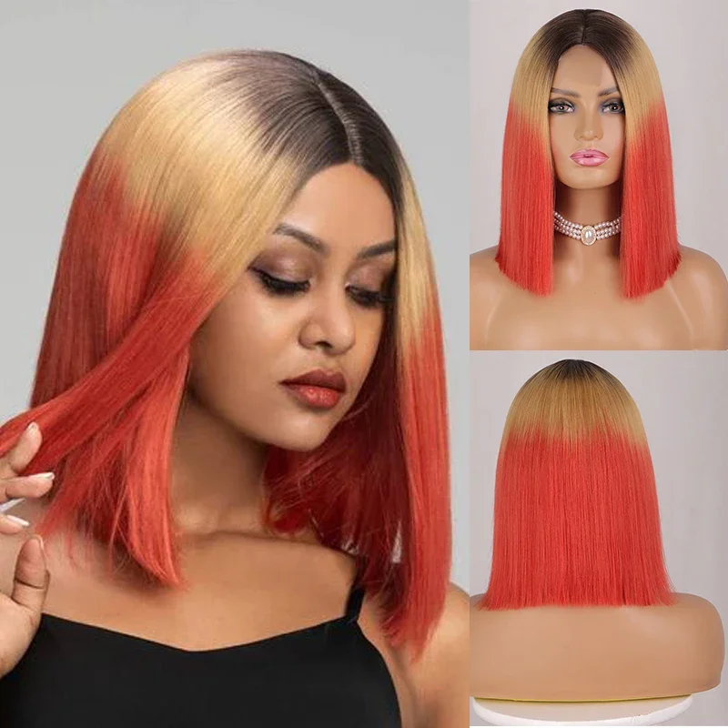 

Ombre Red Bob Hair Wigs for Women Short Straight Middle Part Wig 14inch Synthetic Heat Resistant Fiber Wig Cosplay Lolita Ginger