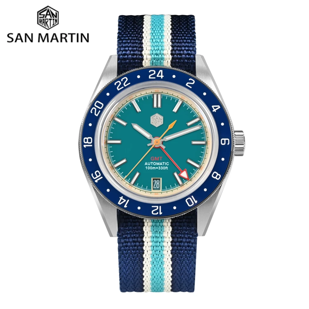 San Martin Original 39.5mm NH34 GMT Watch For Men Swim Sport Contrast Color Nylon Sports Wristwatch 10Bar Reloj Hombre SN0116 10pcs stretchy sports finger sleeves arthritis support finger guard outdoor basketball finger protection nylon sports aid band