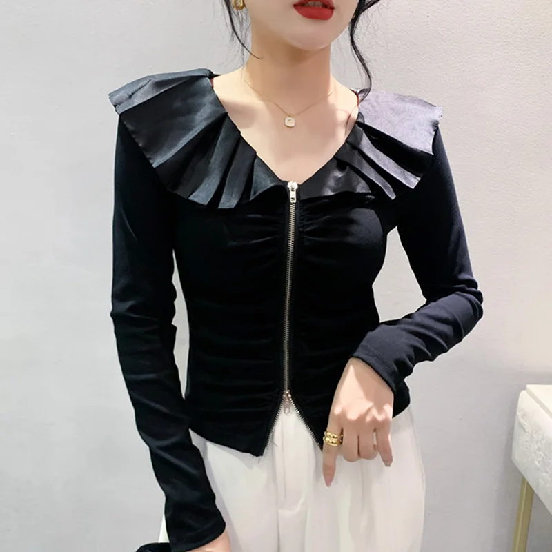 

#8615 Black Striped Short T Shirt Women V-neck Ruffles Zipper Streetwear Irregular Tshirt Female Sexy Club Tight Spring Summer