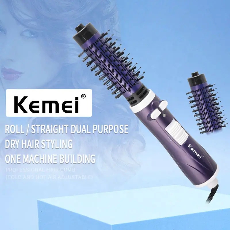 Kemei 2in1 rotary Hot Air Spin Brush Kit for Styling Hair Dryer Brush 2 Detachable Auto-Rotating Curling Round hot air hair brush