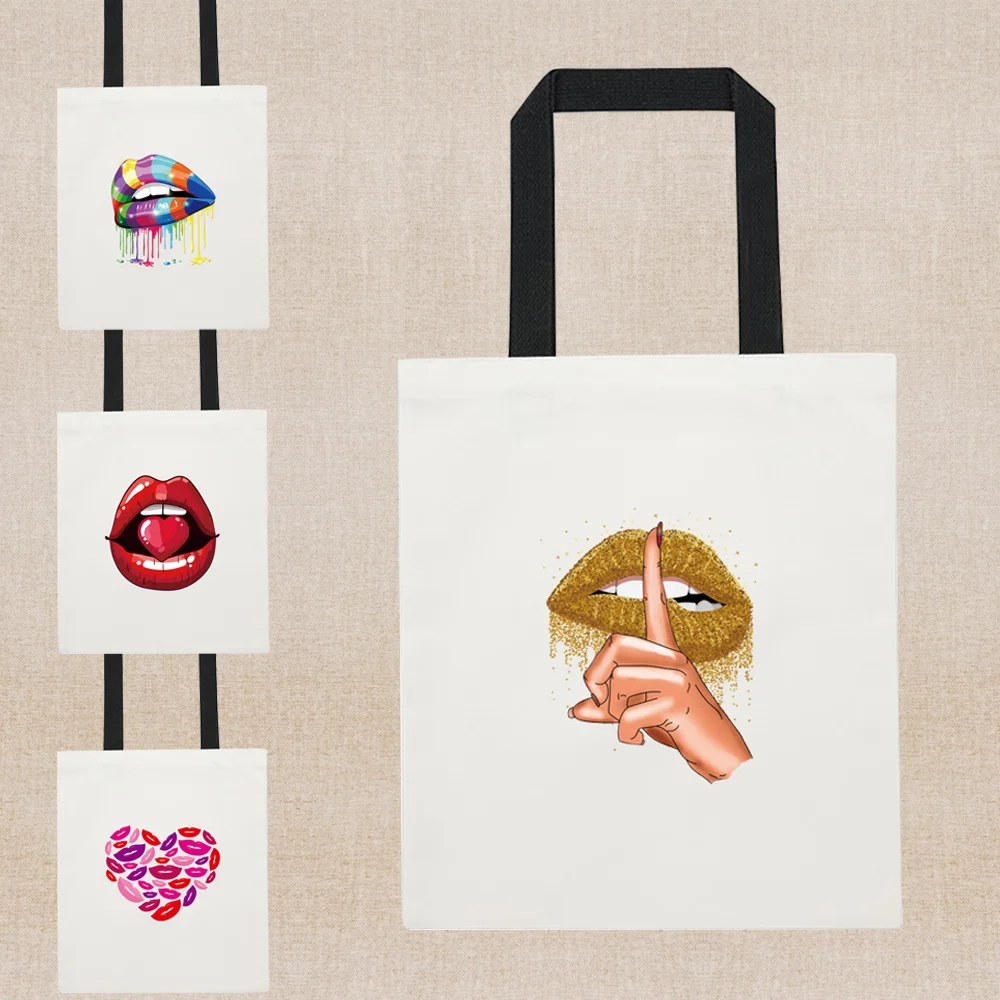 

Shopping Bag Golden Lips Printing Tote Bag Fashion Harajuku Handbags Kawaii Cloth Bag Foldable Canvas Shoulder Shopper Bag Women