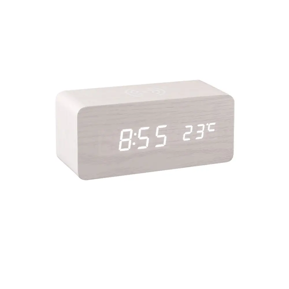 Reloj despertador Digital de madera con carga inalámbrica, pantalla LED,  termómetro, reloj de humedad para escritorio, pequeño reloj despertador -  AliExpress