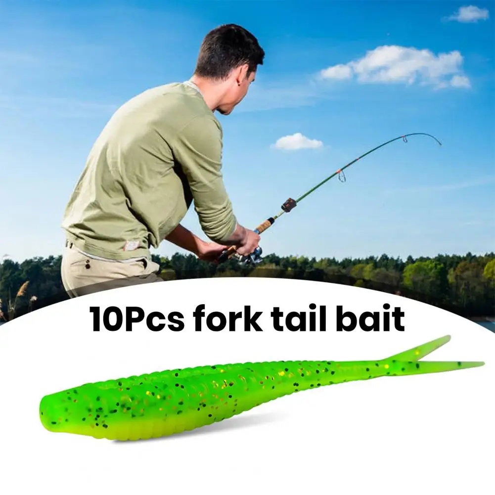 10Pcs Fishing Lures Flexible Bite Resistant Sequins Design PVC Fork Tail Soft Lures Bionic Baits Fishing Gear Fishing Supplies