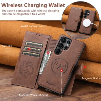 SUTENI PU Leather Wireless Charging Card Holder Stand Wallet Magnetic Flip Cover Phone Case For Samsung Galaxy S25 Ultra S24 S23