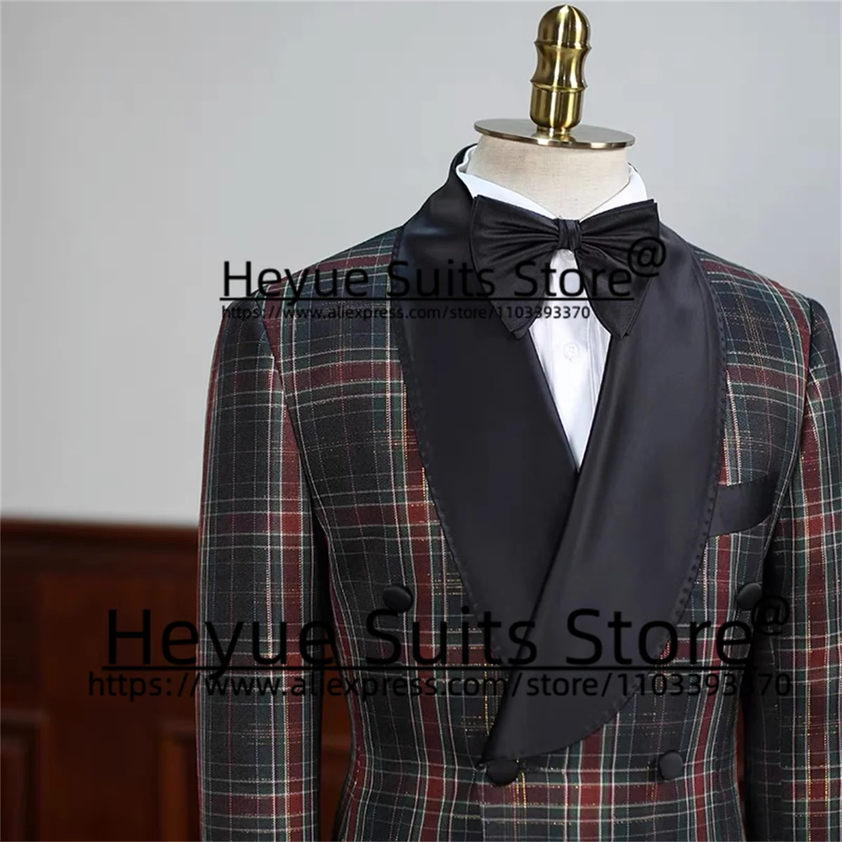 Luxuly Golden Thread Red Green Plaid Wedding Suits For Men Slim Fit Double-breasted Groom Tuxedos 2 Pieces Sets trajes de hombre