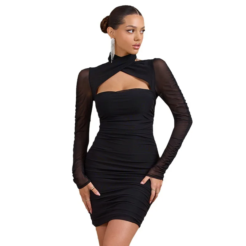 

2023 Summer New Women's Hanging Neck One Line Neck Dress Fashion Sexy Long Sleeve Open Backpack Hip Dress