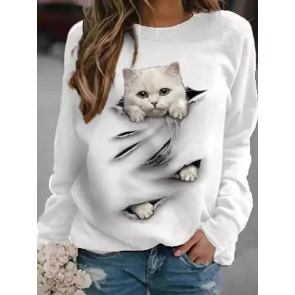 

Spring and Autumn Round Neck Casual 3D Cat Print Cute Little Fresh Sweatshirt Women's Casual Home Wear Versatile Women's Hoodie